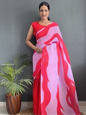 Abstract Pattern Pleated Saree with Matching Blouse