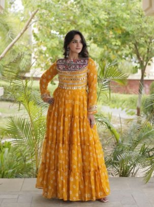 Bandhani Kutchi Patchwork Faux Georgette Gown