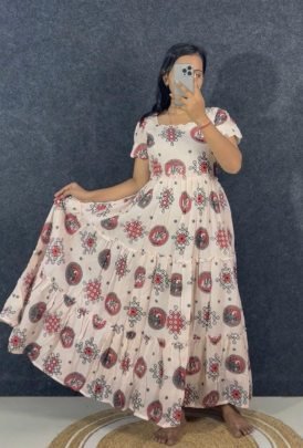 Beautifully Mull chanderi fabric Stitched Kalamkari  Muggu Print Gown
