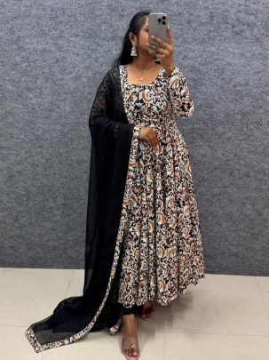 Black Kalamkari Printed Cotton Anarkali Gown with Georgette Dupatta