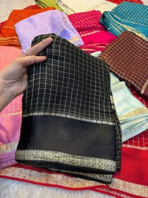 Black Zari Checks Viscose Saree with Designer Border