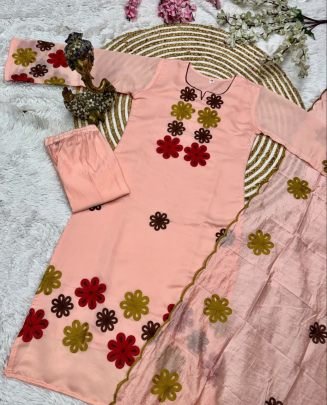 Chanderi Silk Embroidered Chinon 3 Piece Set