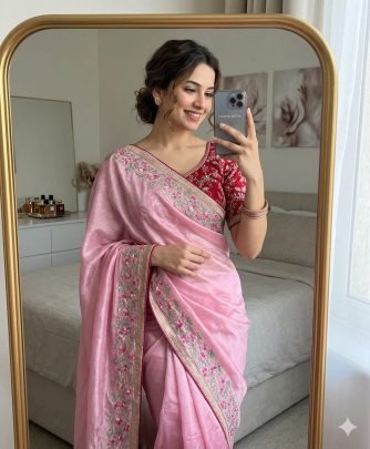Chinon Silk Saree With Embroidery Work And Beautiful