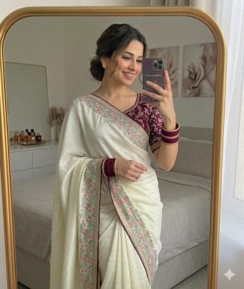 Chinon Silk Saree With Embroidery Work And Beautiful