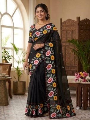 Crunchy Chiffon Embroidery Panel Saree