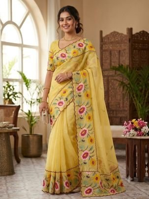 Crunchy Chiffon Embroidery Panel Saree