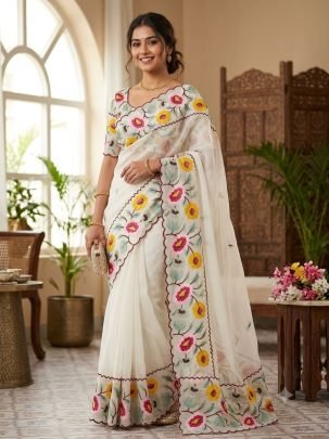 Crunchy Chiffon Embroidery Panel Saree