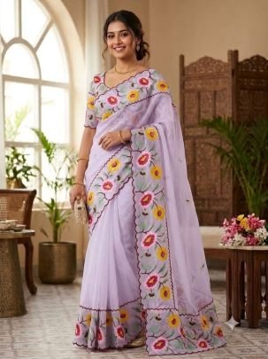 Crunchy Chiffon Embroidery Panel Saree