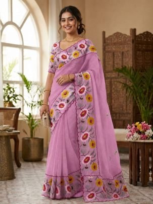 Crunchy Chiffon Embroidery Panel Saree