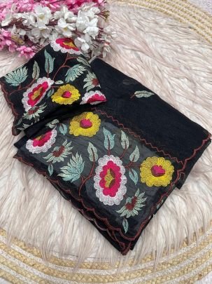 Crunchy Chiffon Embroidery Panel Saree