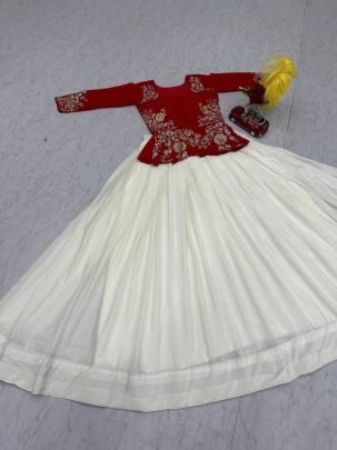 Designer Chinon Embroidered Blouse with Flared Lehenga Set (Fully Stitched)