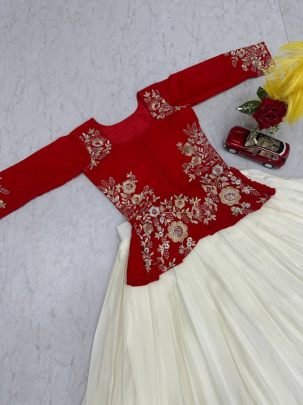 Designer Chinon Embroidered Blouse with Flared Lehenga Set (Fully Stitched)
