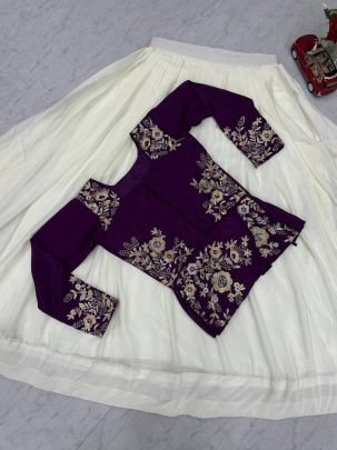 Designer Chinon Embroidered Blouse with Flared Lehenga Set (Fully Stitched)