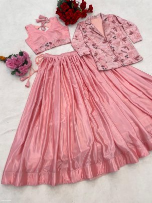 Designer Chinon Lehenga Set with Embroidered Koti