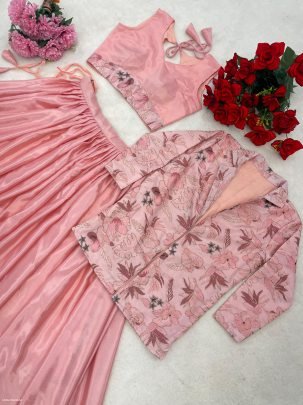 Designer Chinon Lehenga Set with Embroidered Koti