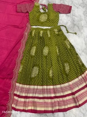 Designer Dull Moss Foil Print Lehenga Set