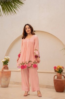 Designer Floral Border Kurta Pant Co Ord Set