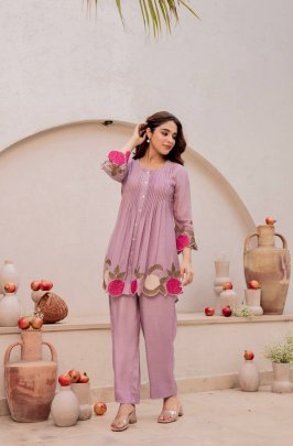 Designer Floral Border Kurta Pant Co Ord Set