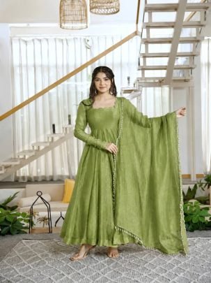 Designer Foil Work Salsa Silk Gown Set with Pant  & Dupatta