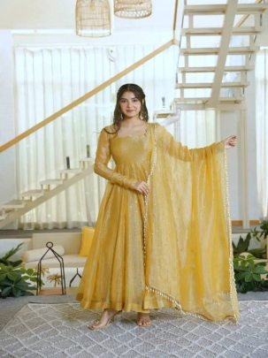 Designer Foil Work Salsa Silk Gown Set with Pant  & Dupatta