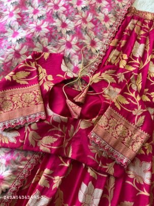 Designer Khadi Crepe Lehenga Choli Set with Zari Weaving & Scalloped Detailing