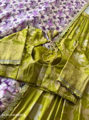 Designer Khadi Crepe Lehenga Choli Set with Zari Weaving & Scalloped Detailing