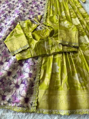 Designer Khadi Crepe Lehenga Choli Set with Zari Weaving & Scalloped Detailing