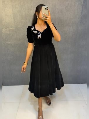 Designer Party Wear Velvet Midi Gown with Maggam (Aari) Work