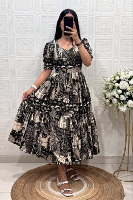 Designer Printed Ankle Length Tiered Dress