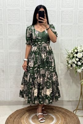 Designer Printed Ankle Length Tiered Dress