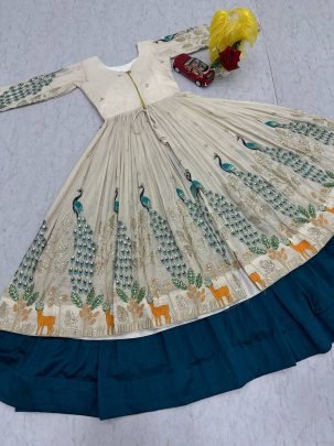 Designer Simar Silk Shrug with Vichitra Silk Lehenga & Peacock Embroidery