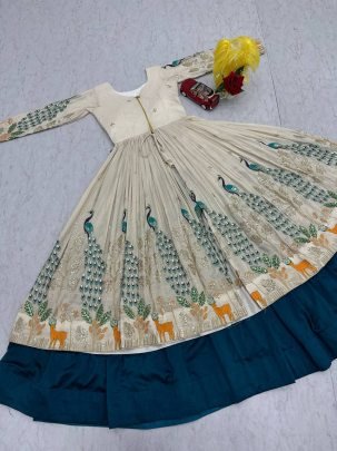 Designer Simar Silk Shrug with Vichitra Silk Lehenga & Peacock Embroidery