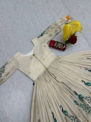 Designer Simar Silk Shrug with Vichitra Silk Lehenga & Peacock Embroidery