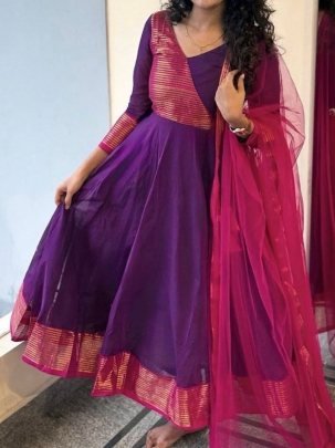 Designer Striped Anarkali Dress with Dupatta