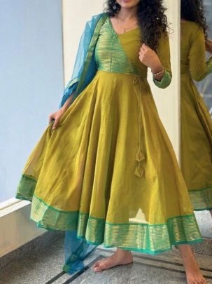 Designer Striped Anarkali Dress with Dupatta