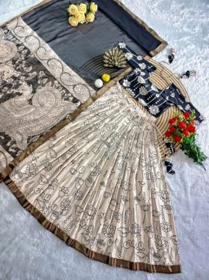 Digital Printed Muslin Silk Lehenga Choli Set with Kalamkari Dupatta & Lace Work