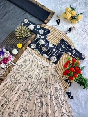 Digital Printed Muslin Silk Lehenga Choli Set with Kalamkari Dupatta & Lace Work