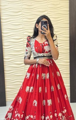 Dola Silk Bandhej Printed Designer Gown with Jacquard Border