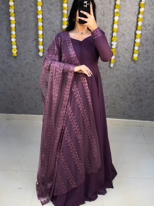 Elegant Faux Georgette Gown with Netted Floral   Sequin Dupatta