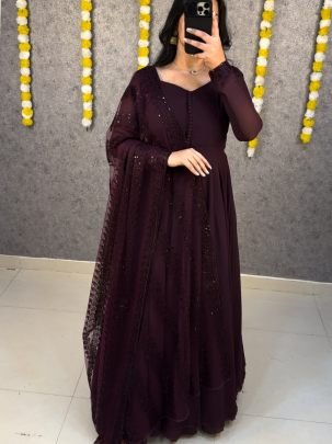 Elegant Faux Georgette Gown with Netted Floral   Sequin Dupatta