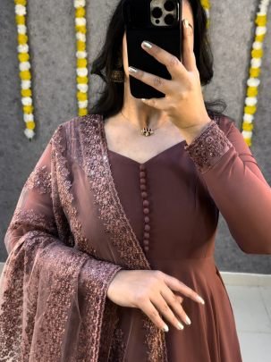 Elegant Faux Georgette Gown with Netted Floral   Sequin Dupatta