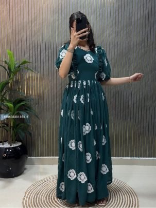 Elegant Floral Print Long Maxi Dress with Puff Sleeves and Ruffle Detailing