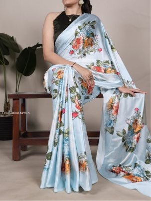 Elegant Floral Printed Satin Silk Saree for Women
