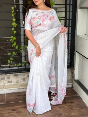 Elegant Floral Printed Soft Cotton Saree with Tassel Border