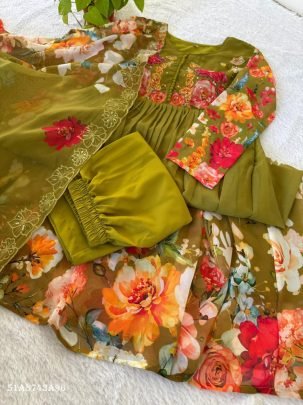 Elegant Handwork Fox Georgette Gown Set with Dupatta & Pant