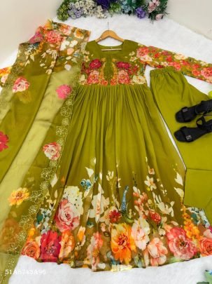 Elegant Handwork Fox Georgette Gown Set with Dupatta & Pant