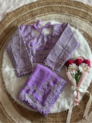 Elegant Lavender Embroidered Saree with Matching Blouse
