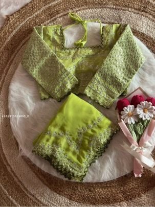 Elegant Lime Green Embroidered Saree with Matching Blouse