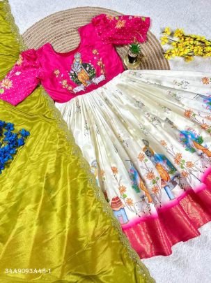 Elegant Pure Silk Moggam Work Gown Set with Chinon Dupatta