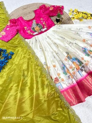 Elegant Pure Silk Moggam Work Gown Set with Chinon Dupatta